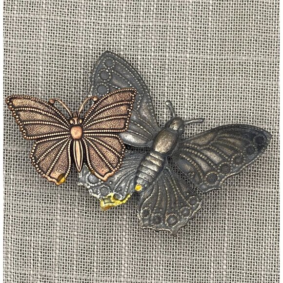 Vintage Butterflies Brooch 3" Oxidized Silver Tone Copper Tone - Picture 5 of 10